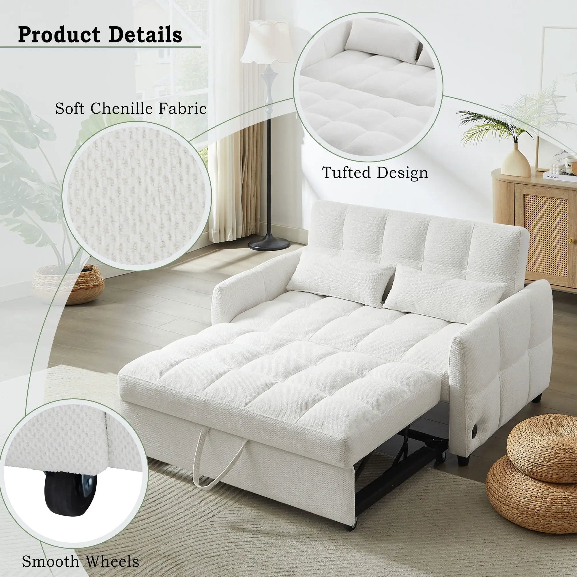 Loveseat Sofa Pull-Out Bed With Adjustable Backrest, 3 USB Ports And 2 Lumbar Pillows For Living Room by HouseOfZazla