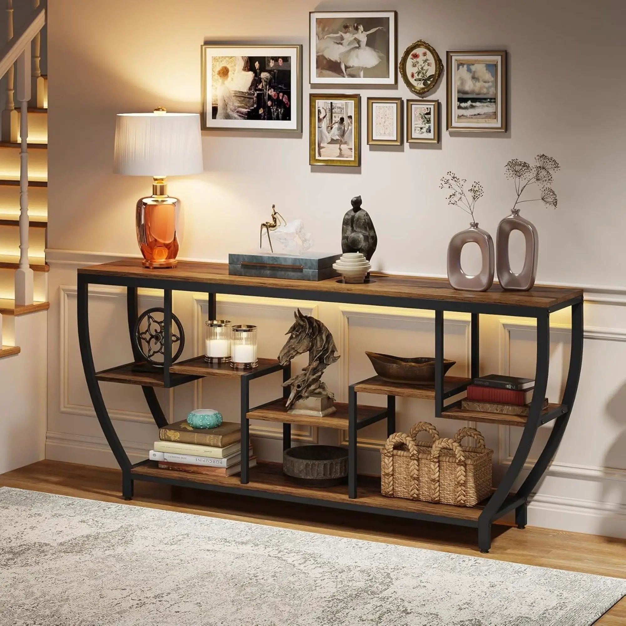Extra Long Entryway Console Sofa Table With 7 Tier Shelves - Brown / Black by HouseOfZazla
