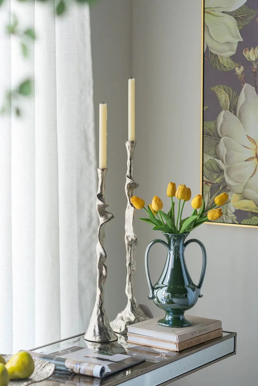 Rectangular Console Table With Elegant Floral Design And Mirrored - Silver Multi