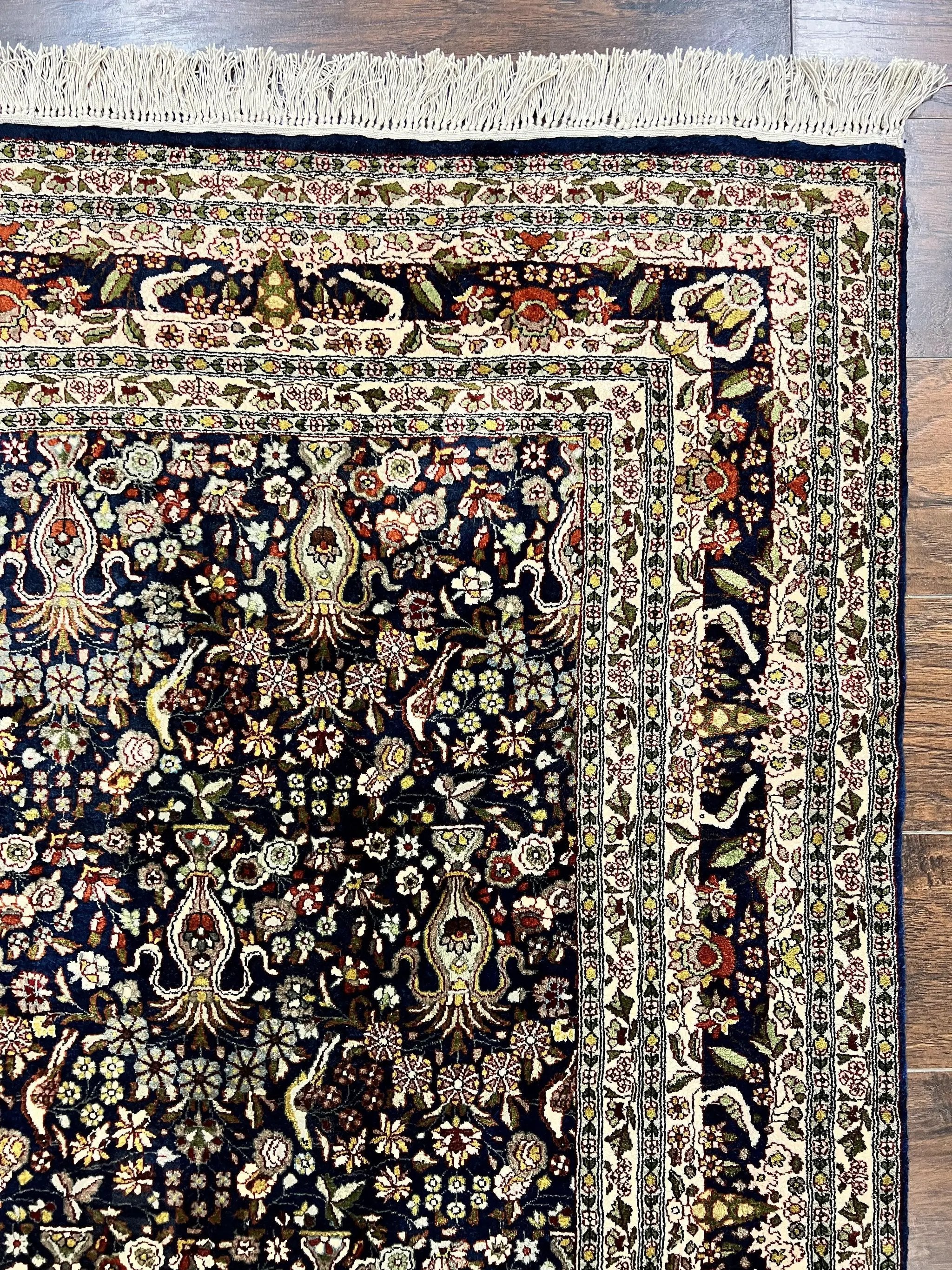 Silk Indian Kashmiri Rug 5x7, Navy Blue Indo Persian Silk Carpet 5 x 7 ft, Hand Knotted Handmade Very Fine Oriental Carpet, 450 KPSI, Birds by Jewel Rugs