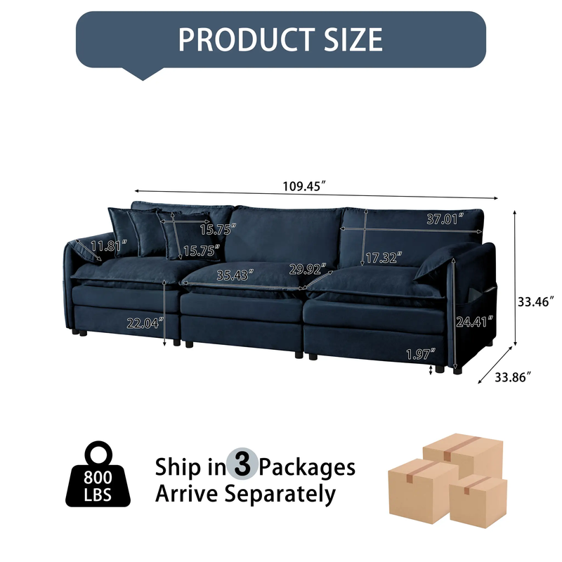 Oversized Deep Seat Sectional Sofa Modern Chenille Cloud Couch Large 3 Seater Modular Sofa with 3 Pillows by HouseOfZazla
