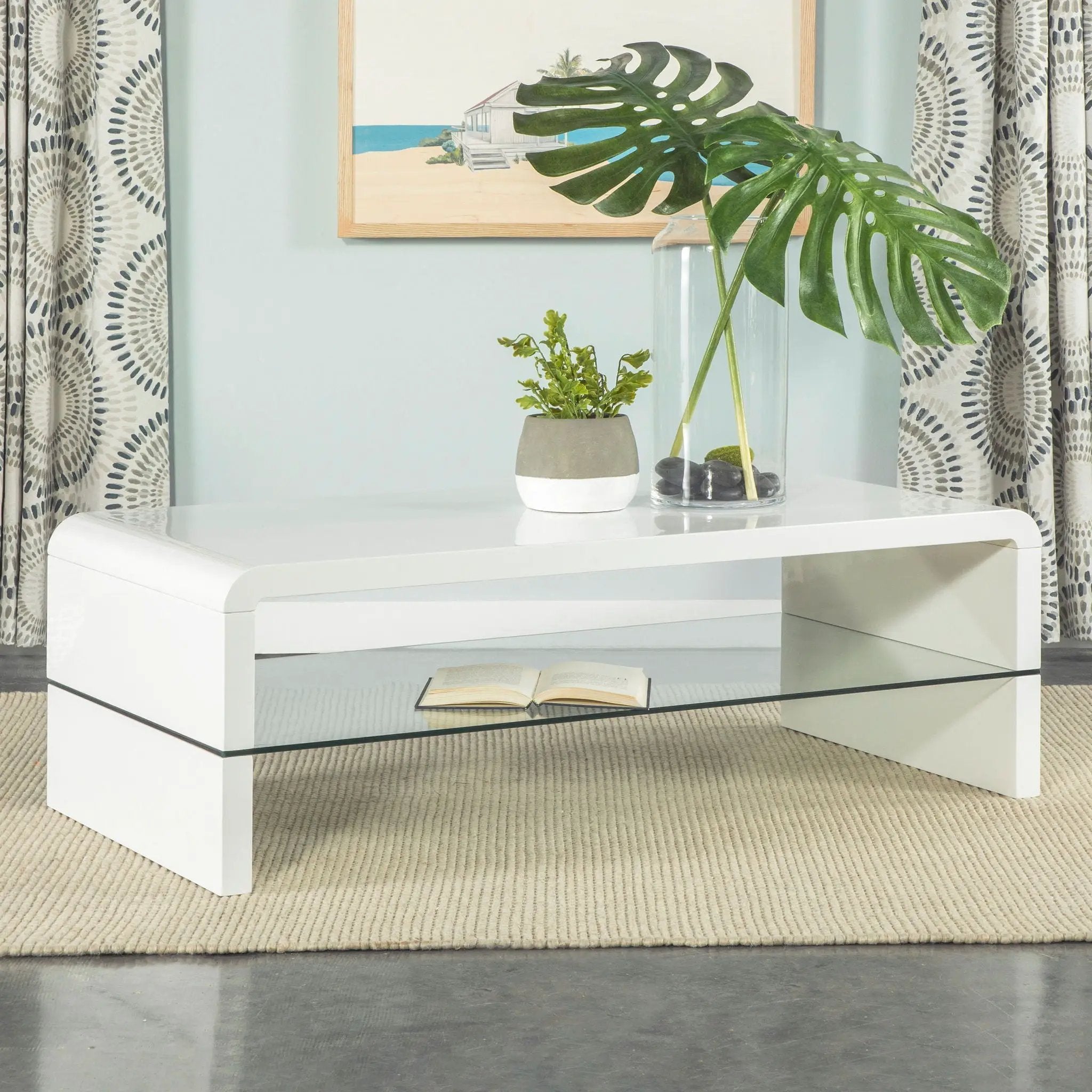 Airell Rectangular Coffee Table with Shelf White High Gloss by Unique Piece Furniture