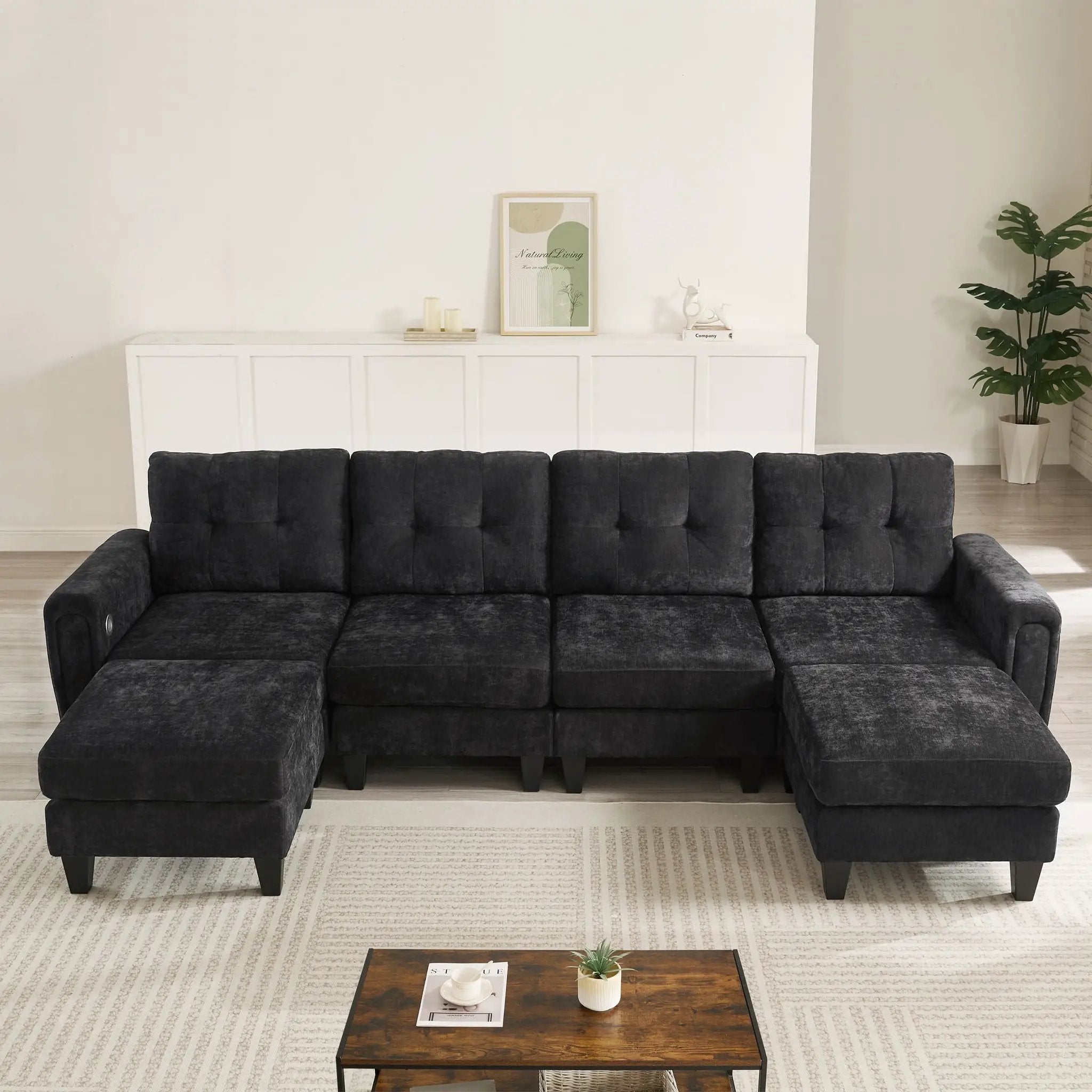 Modular Sectional Sofa With Movable Ottomans, USB Ports & Side Tables by Unique Piece Furniture
