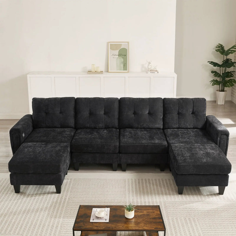 Modular Sectional Sofa With Movable Ottomans, USB Ports & Side Tables by Unique Piece Furniture