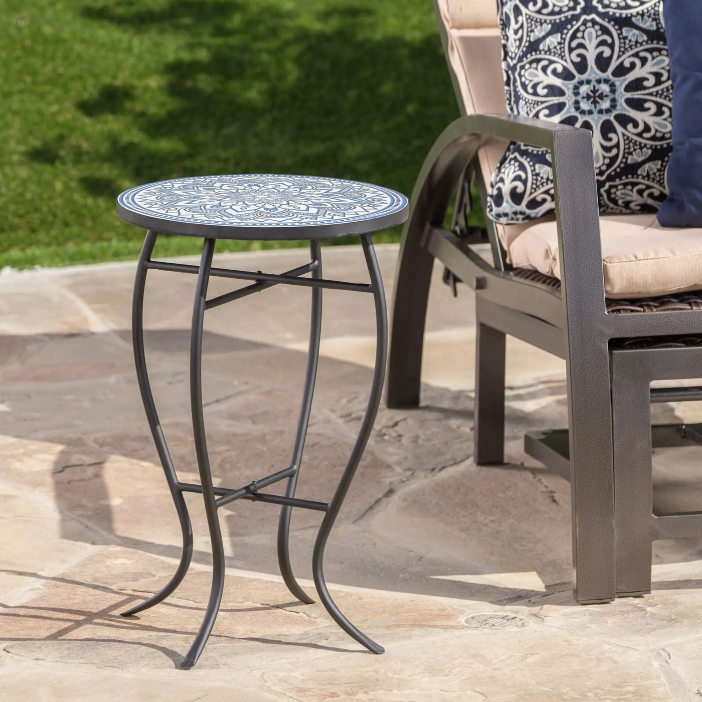 Outdoor Round Side Table With Mosaic Style Top And Curved Iron Legs by HouseOfZazla