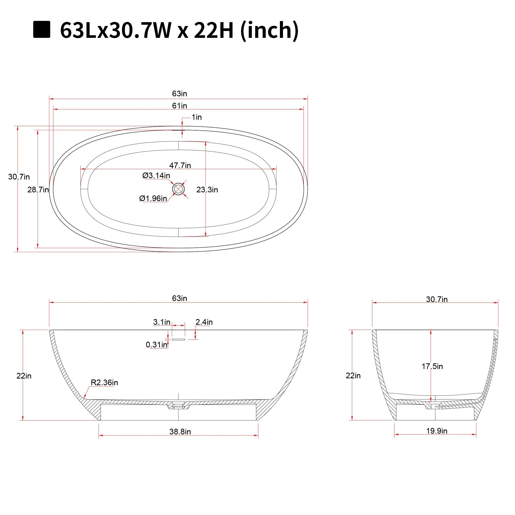 63" Freestanding Bathtub Resin Stone Soaking Bathtub by HouseOfZazla