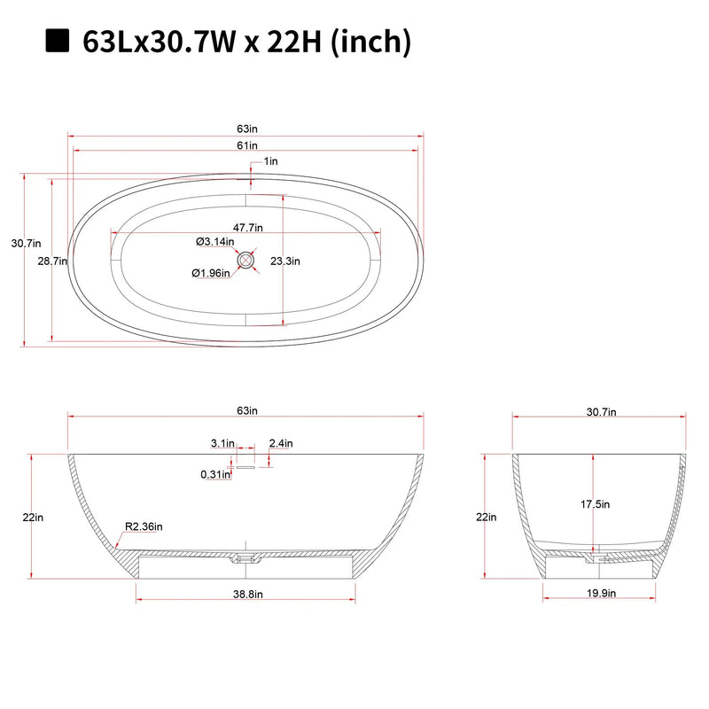 63" Freestanding Bathtub Resin Stone Soaking Bathtub by HouseOfZazla