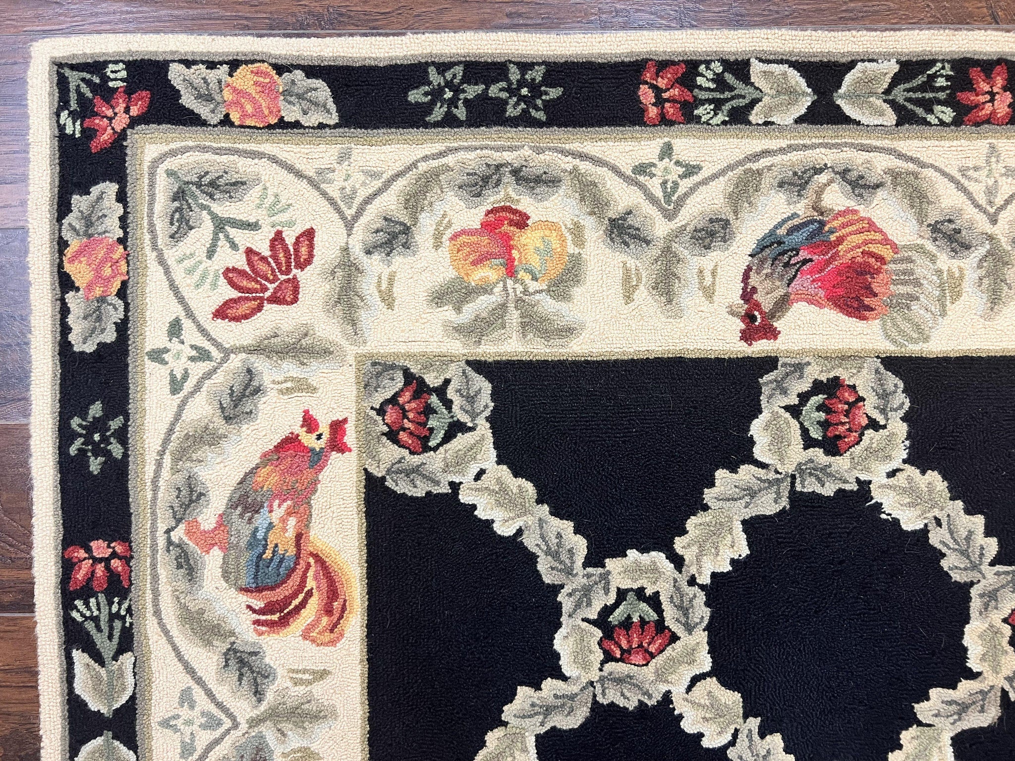 Hooked Rug 5x8, European Aubusson Pattern, Black and Ivory, Roses & Roosters, Vintage Wool Rug by Jewel Rugs
