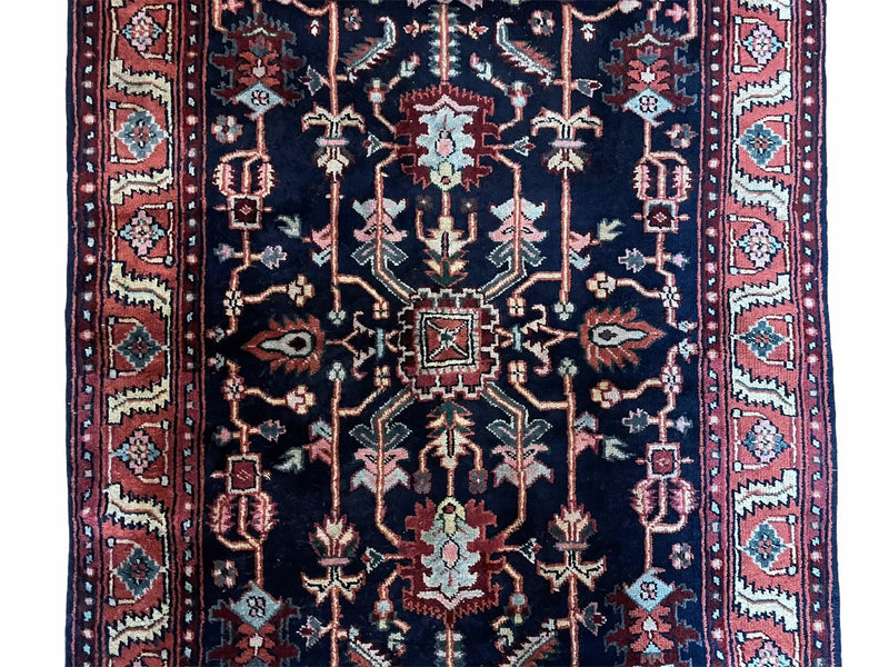 4x6 Vintage Handmade Wool Geometric Rug Organic Dyes Blue Red Hand-Knotted Rug by Jewel Rugs