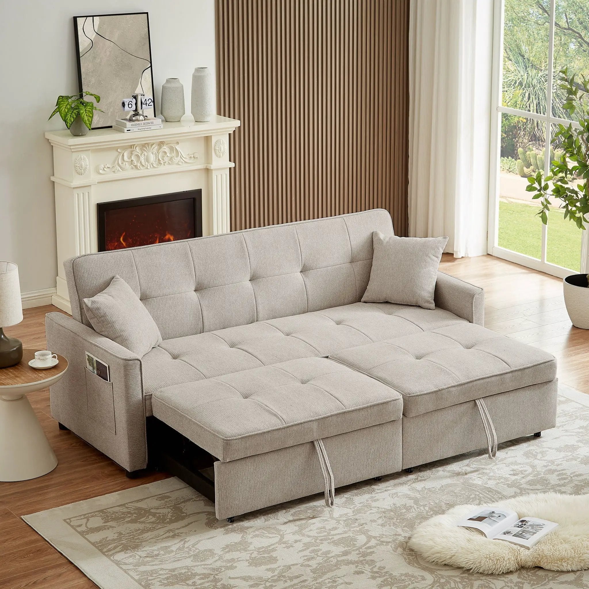 3 In 1 Convertible Sleeper Sofa Bed, Reclining Backrest, Pillows, Pockets by HouseOfZazla