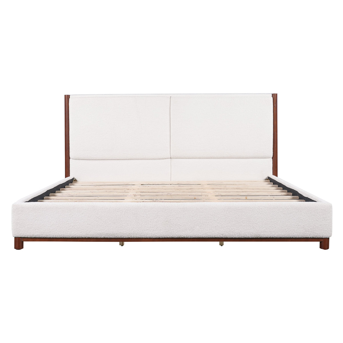 King Size Upholstered Bed Frame with Slat Support - White & Walnut, photo 5 of 10