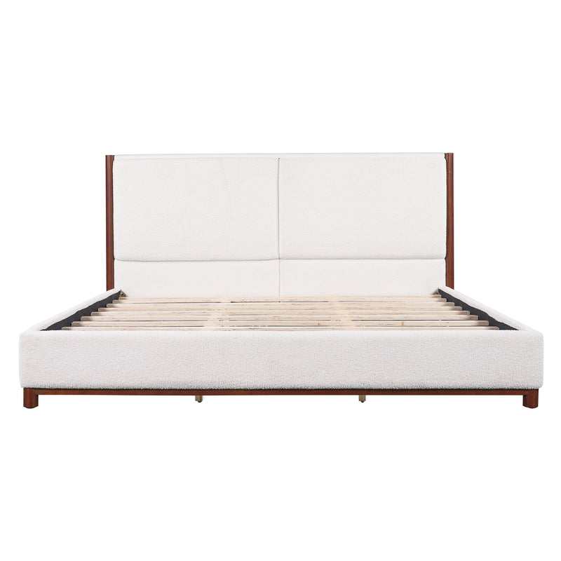 King Size Upholstered Bed Frame with Slat Support - White & Walnut, photo 5 of 10
