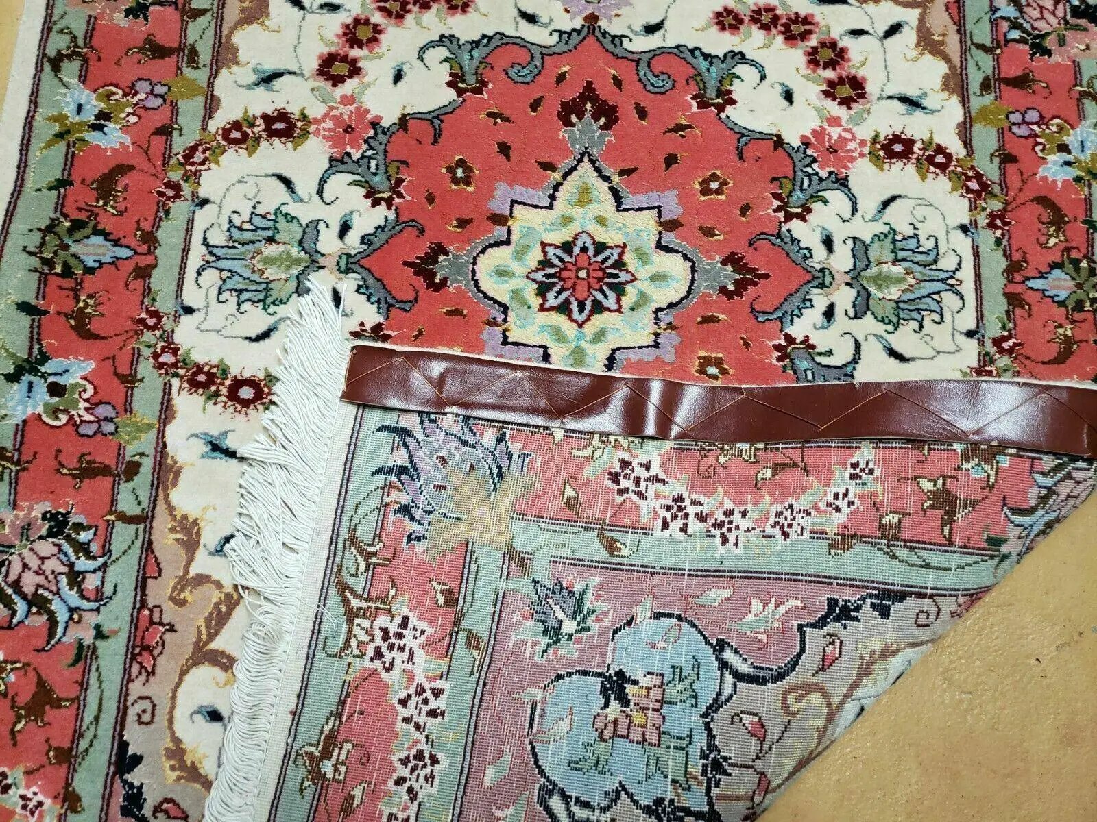 Small Vintage Persian Tabriz Wool and Silk Rug 2.5 x 4 ft, Very Finely Hand Knotted, Medallion, Ivory Salmon Light Blue, Top Quality, Pair B by Jewel Rugs