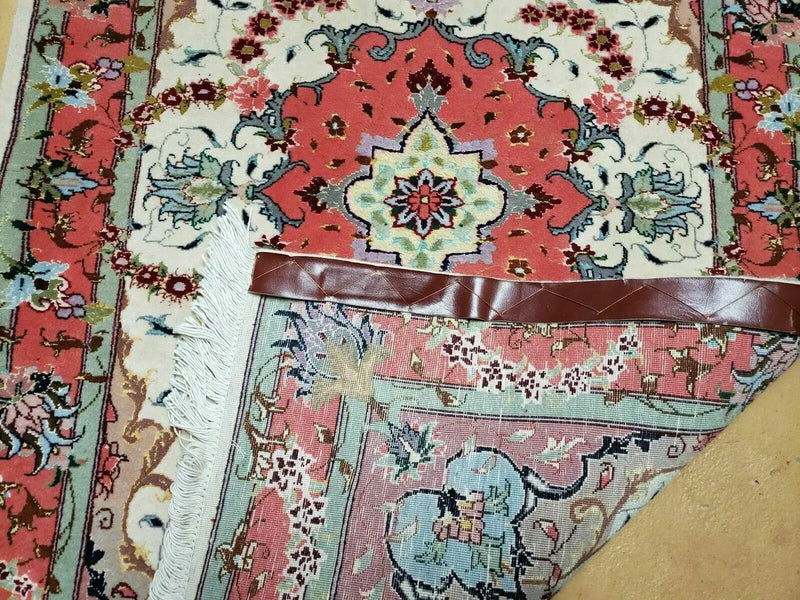 Small Vintage Persian Tabriz Wool and Silk Rug 2.5 x 4 ft, Very Finely Hand Knotted, Medallion, Ivory Salmon Light Blue, Top Quality, Pair B by Jewel Rugs