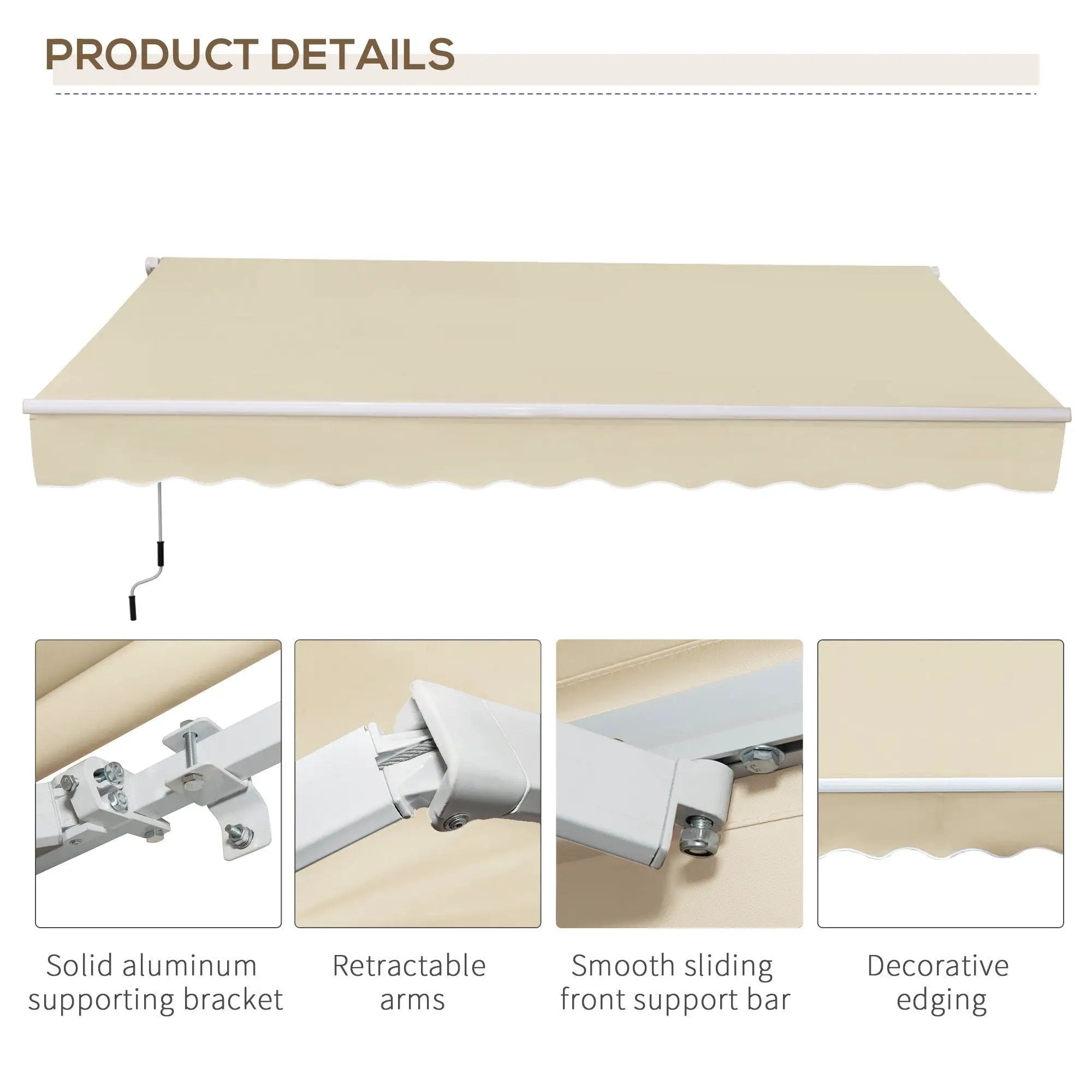 Outsunny - 12' x 8' Retractable Awning Patio Awnings Sun Shade Shelter With Manual Crank Handle, 280G / M² Uv & Water-Resistant Fabric And Aluminum Frame For Deck, Balcony, Yard - Cream White by Unique Piece Furniture