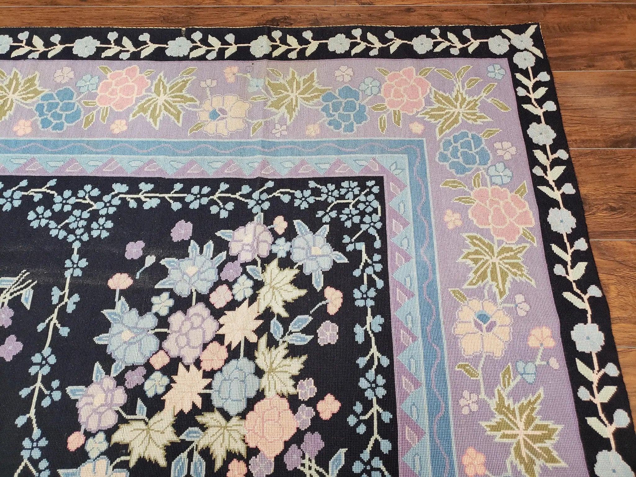 Chinese Needlepoint Rug 8 x 11.4, Hand-Woven Area Carpet, Flatweave Rug, Black Blue Light Violet Floral Garden European Design Wool Aubusson by Jewel Rugs
