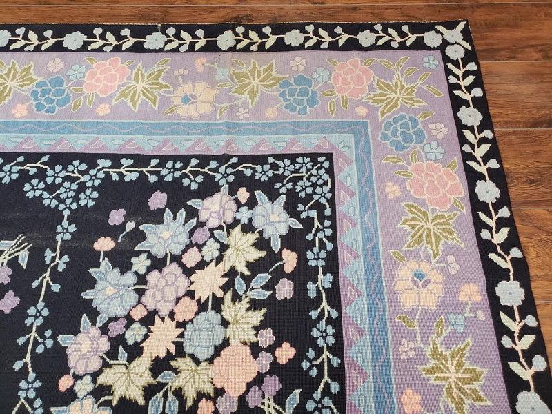 Chinese Needlepoint Rug 8 x 11.4, Hand-Woven Area Carpet, Flatweave Rug, Black Blue Light Violet Floral Garden European Design Wool Aubusson by Jewel Rugs