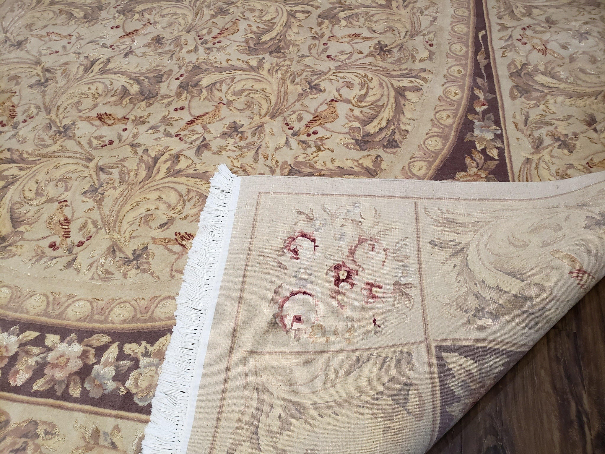 Chinese Aubusson Savonnerie Area Rug 8x12, Vintage 120 Line Carpet, Wool and Silk Hand-Knotted, Birds Flowers Master Weaver Signature by Jewel Rugs