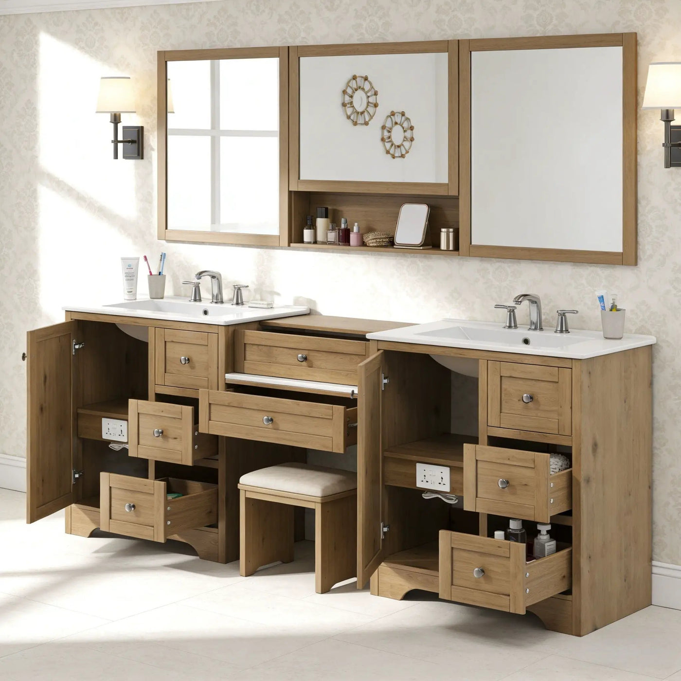 Double Sink Bathroom Vanity With Countertop, 2 Ceramic Sinks, 6 Drawers by HouseOfZazla