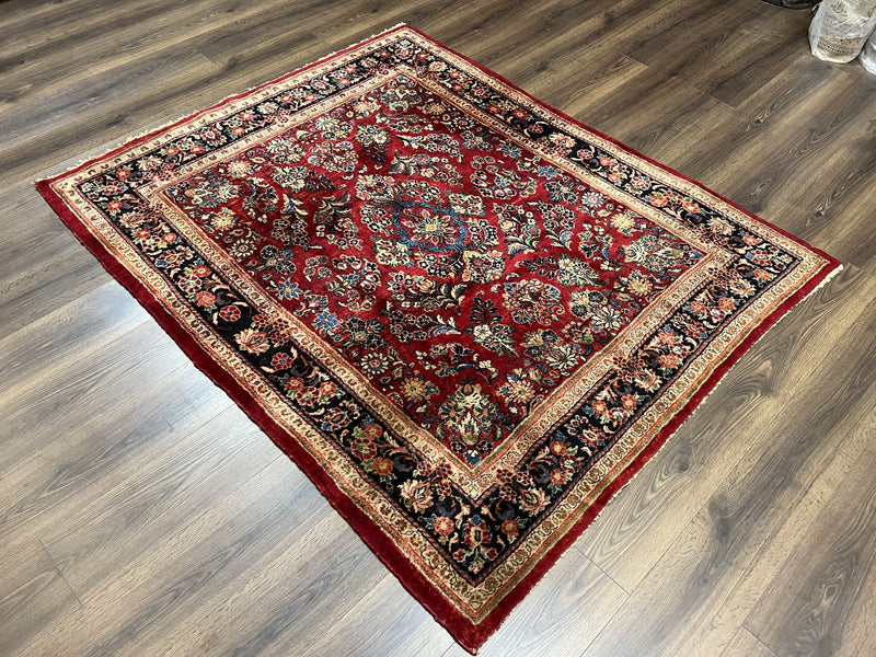 Persian Sarouk Rug 5x6, Hand Knotted Antique 1920s Sarouk, Red Navy Blue by Jewel Rugs