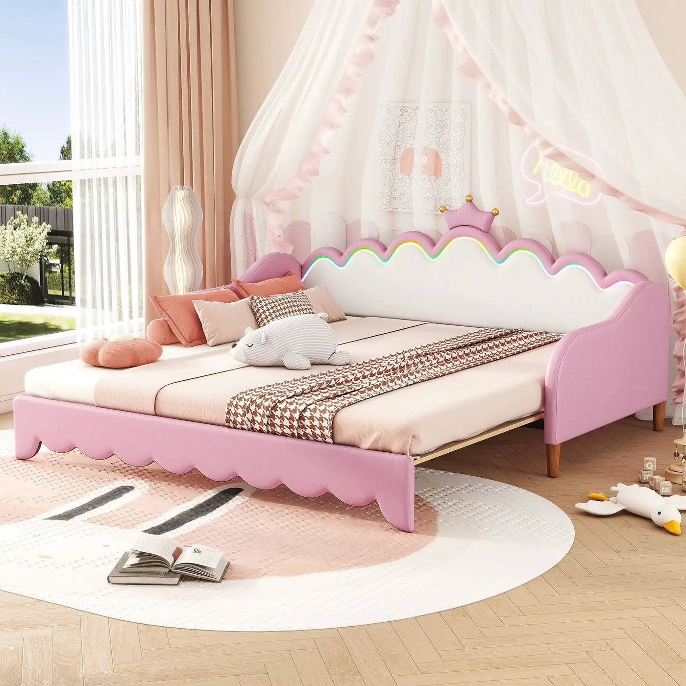 Extending Daybed With LED Lights, Modern Upholstered Princess Daybed With Crown Headboard by HouseOfZazla