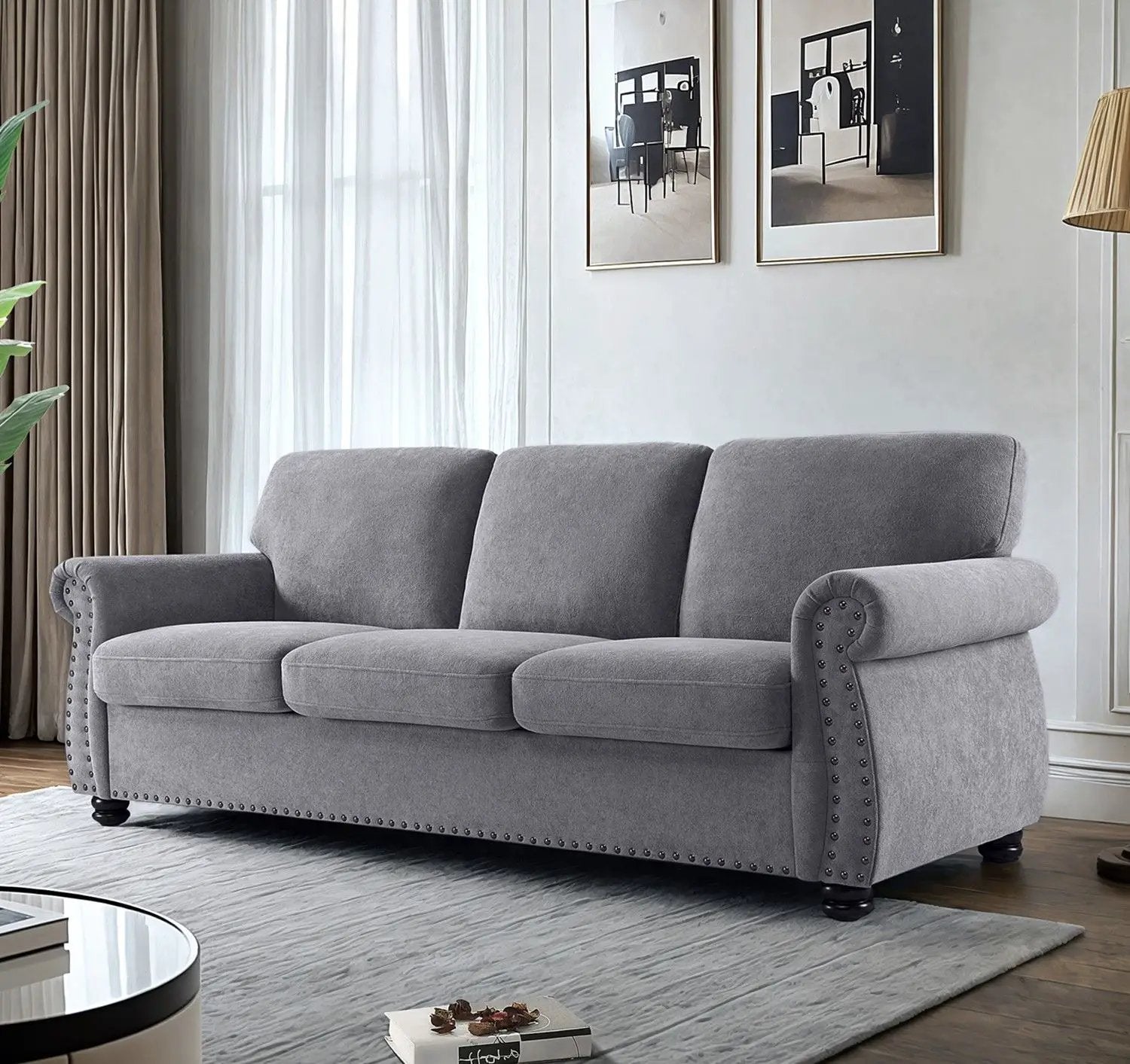 Soft Sofa, Upholstered 3 Seater Couch With High Density Foam, Loose Back Cushions And Turned Legs by HouseOfZazla