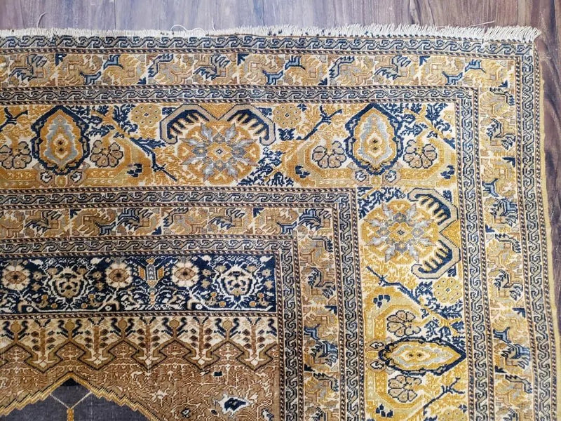 Rare Turkish Ghiordes Prayer Rug 4 x 5.8 ft, Late 19th Century Turkish Oriental Carpet, Mehrab Antique Prayer Rug, Museum Quality, Blue, Tan by Jewel Rugs