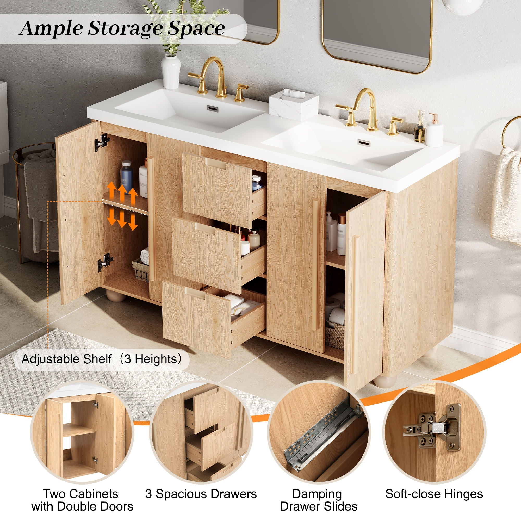 Double Sink Bathroom Vanity With Sinks, Soft Close Doors & 3 Drawers - Wood by HouseOfZazla