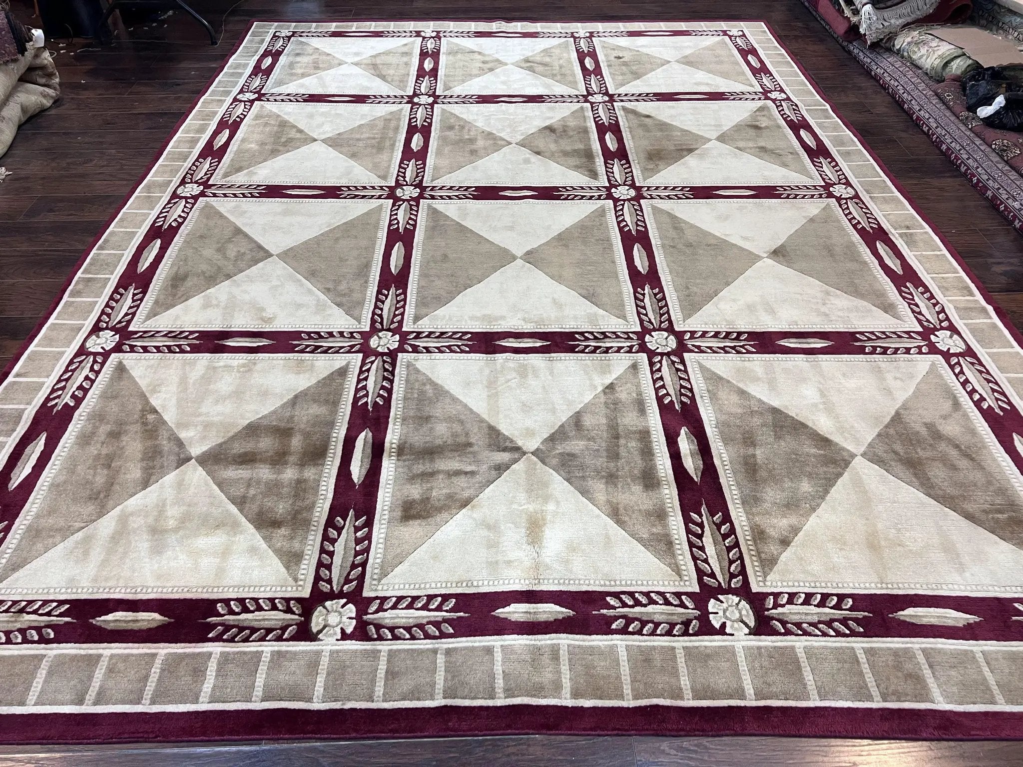 Indo Tibetan Rug 10x14, Nepali Carpet, Large Soft Wool Area Rug, Olive Tan Maroon, Contemporary Rug 10 x 14 ft Living Room Rug, Handmade Rug by Jewel Rugs
