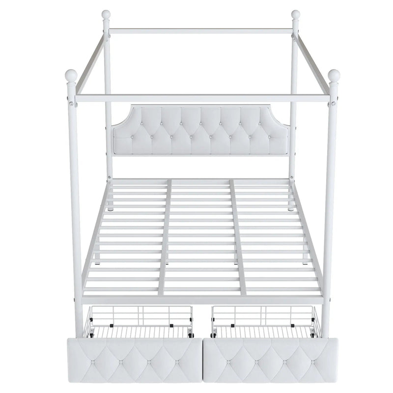 Queen Size Canopy Platform Bed With Upholstered Headboard And 2 Storage Drawers - White by HouseOfZazla