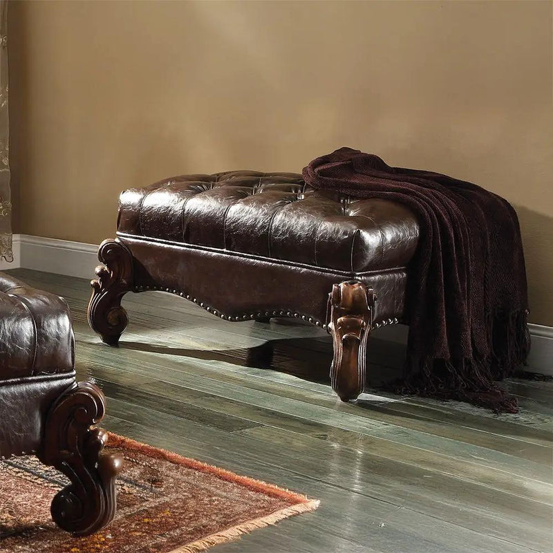 Versailles - Ottoman - Two Tone Dark Brown Synthetic Leather & Cherry Oak by Unique Piece Furniture