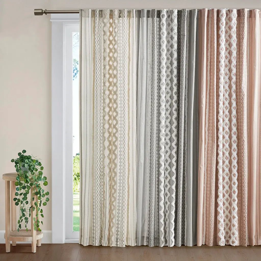 Cotton Printed Curtain Panel with Chenille Stripe and Lining Ivory 50x84 by HouseOfZazla