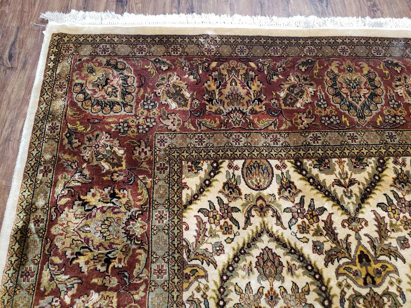 Vintage Indo Persian Area Rug 9x12, Wool Hand-Knotted Ivory & Dark Red Oriental Carpet, Fine Weave 9 x 12 Indian Rug, Dining Room Rug by Jewel Rugs