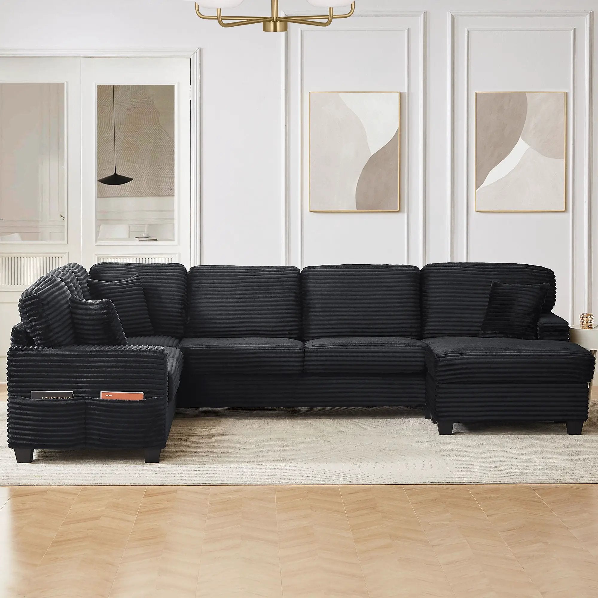 Upholstered U-Shaped Sectional Sofa With Movable Ottoman And Side Storage Pockets