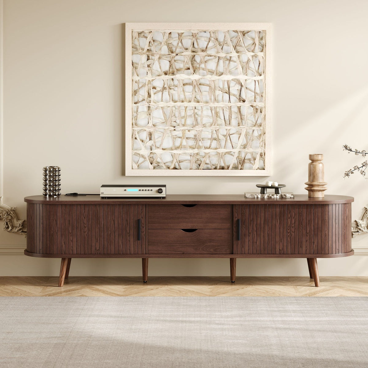 Mid-Century Modern TV Stand with Tambour Doors & Power Outlet - Natural Wood, photo 2 of 4