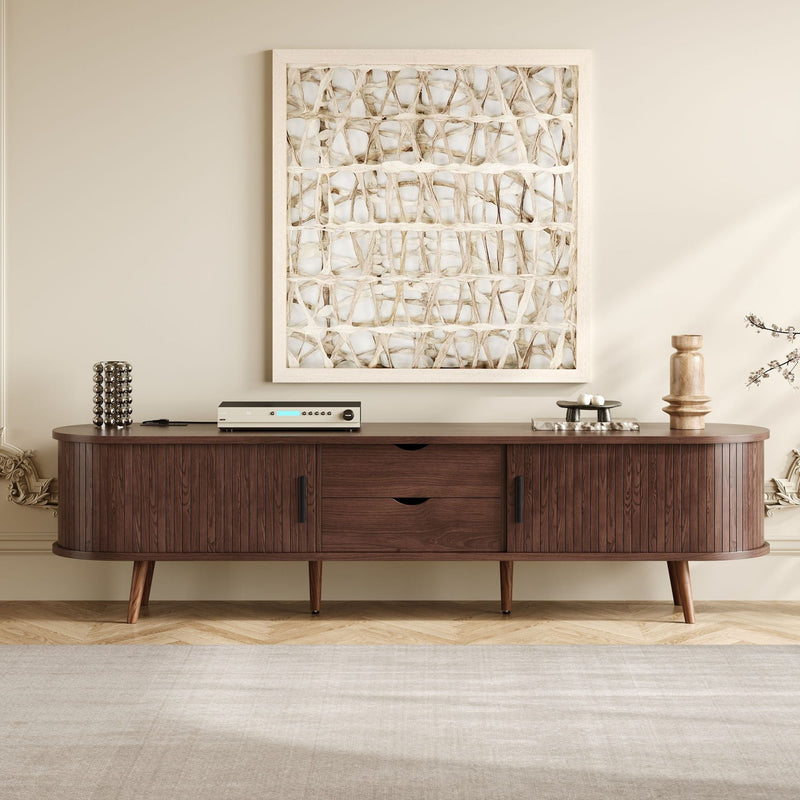 Mid-Century Modern TV Stand with Tambour Doors & Power Outlet - Natural Wood, photo 2 of 4
