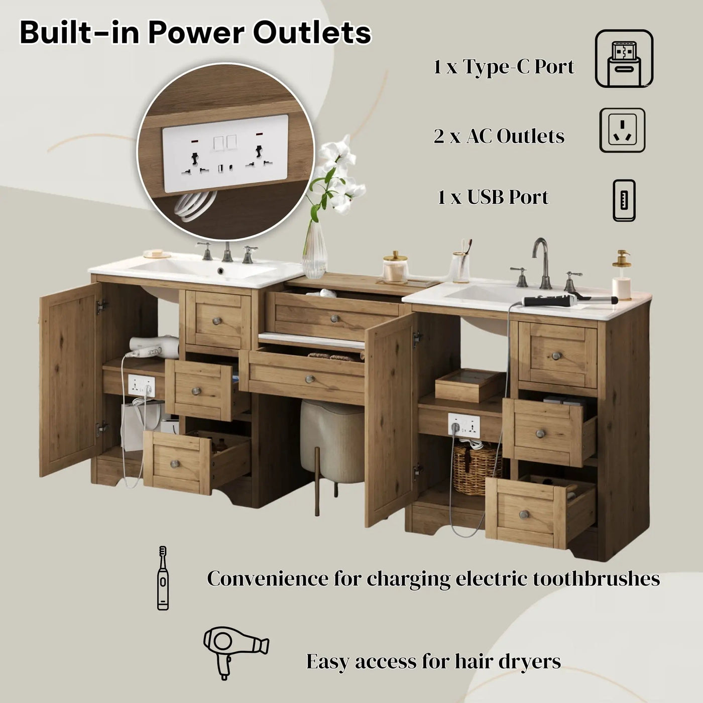 Double Sink Bathroom Vanity With Countertop, 2 Ceramic Sinks, 6 Drawers by HouseOfZazla