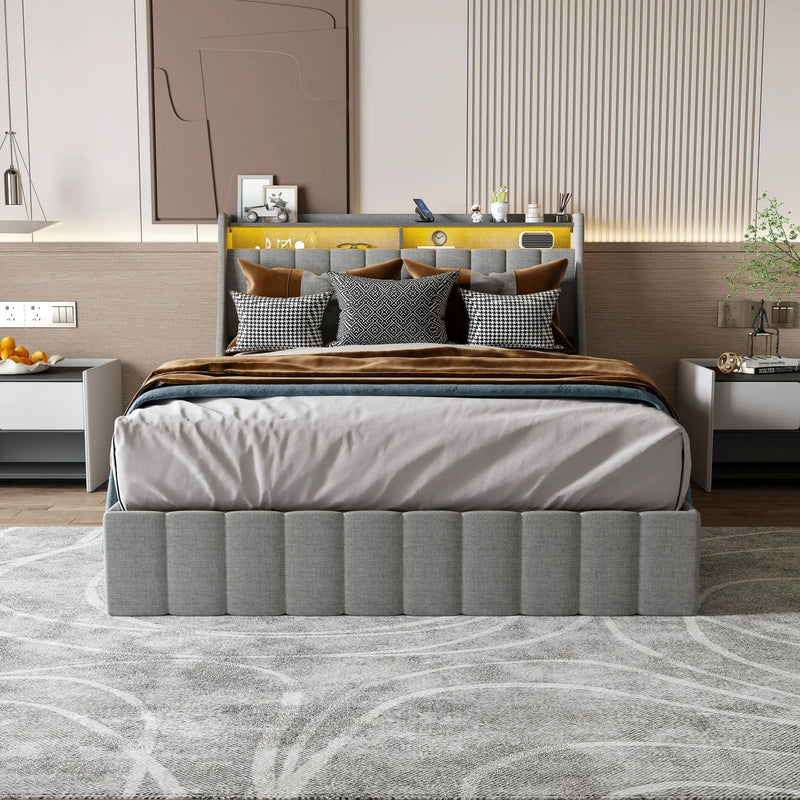 Queen Size Bed Frame With LED Lighting, Winged Headboard With Storage Drawers - Light Gray by HouseOfZazla