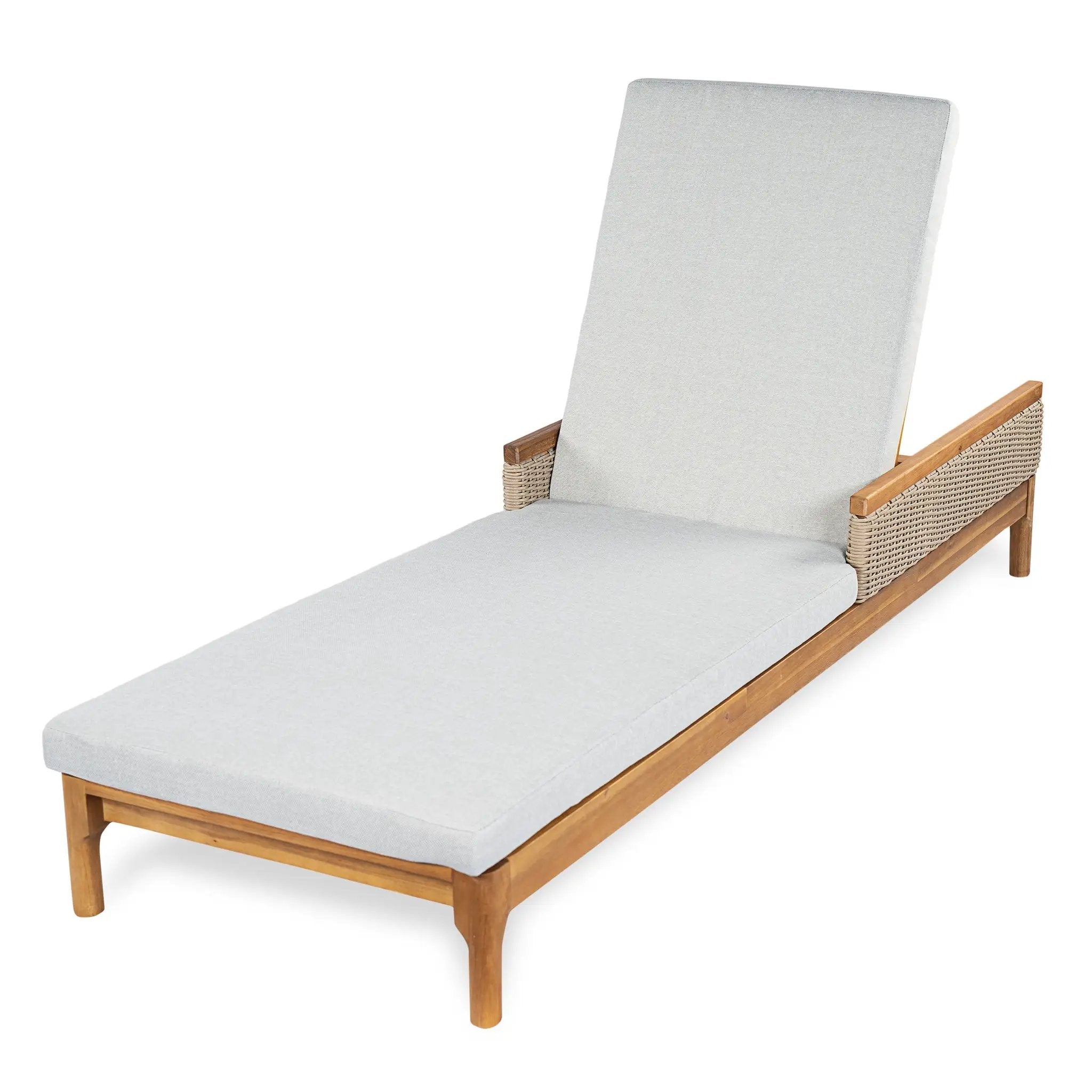 Solid Acacia Wood Sun Lounger with Grey Cushions and Light Grey Wicker by HouseOfZazla