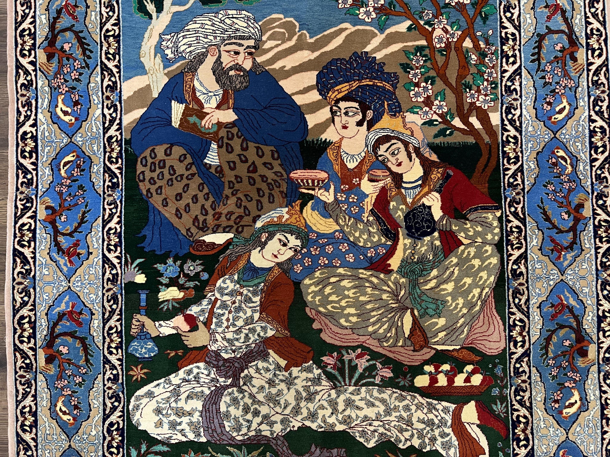 Fine Persian Isfahan Pictorial Rug 3.7 x 5, Kork Wool on Silk Foundation, Blue Persian Carpet, Hand Knotted, Humans Birds, High KPSI, Semi Antique by Jewel Rugs