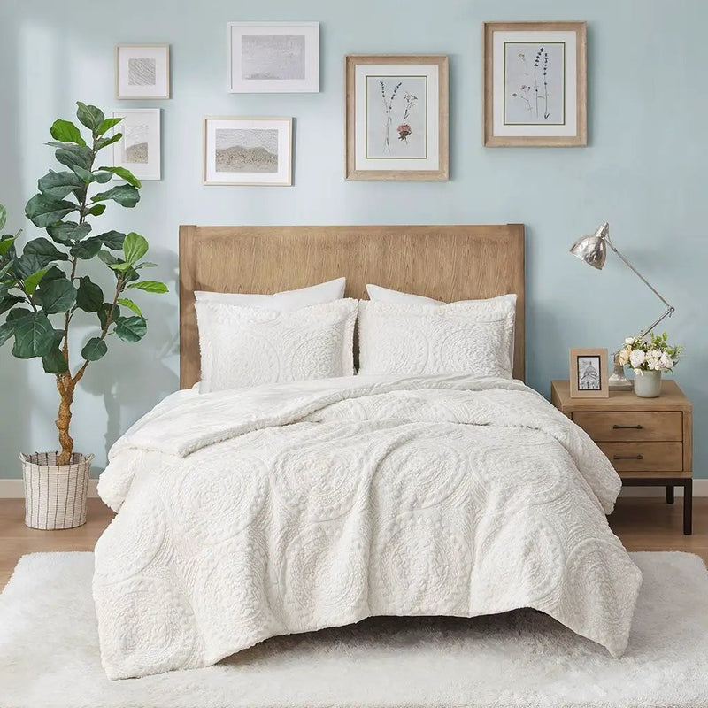 King/Cal King Embroidered Medallion Faux Fur Comforter Mini Set by HouseOfZazla