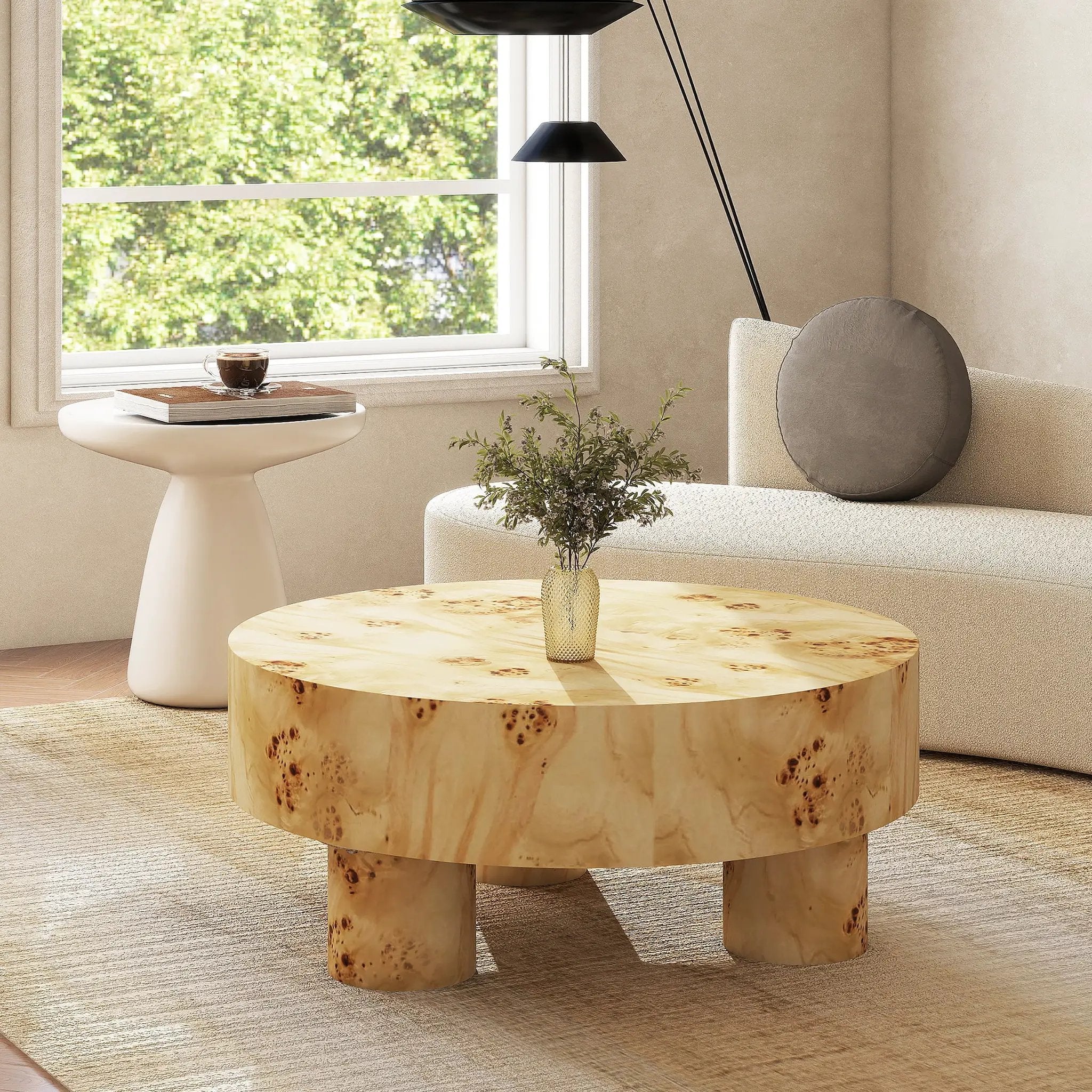 Nebula 35.5' Round Pillar Leg Coffee Table Warm Natural Brown Burl Wood by HouseOfZazla
