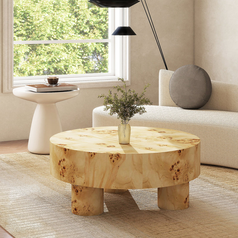 Nebula 35.5' Round Pillar Leg Coffee Table Warm Natural Brown Burl Wood by HouseOfZazla