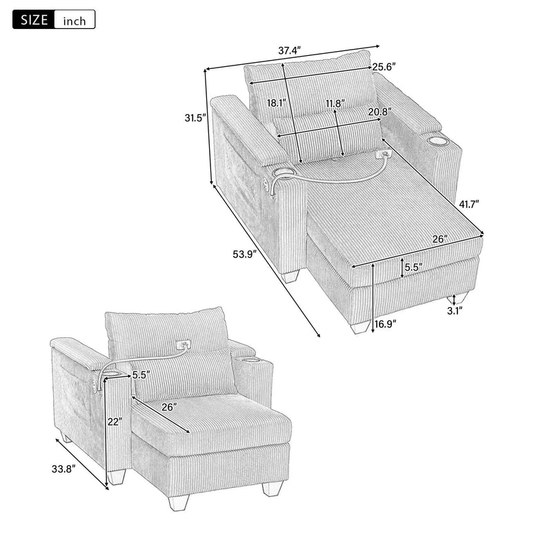 Convertible Chaise Lounge Sofa Chair With USB Ports, Cup Holders, Phone Holder And Storage by HouseOfZazla