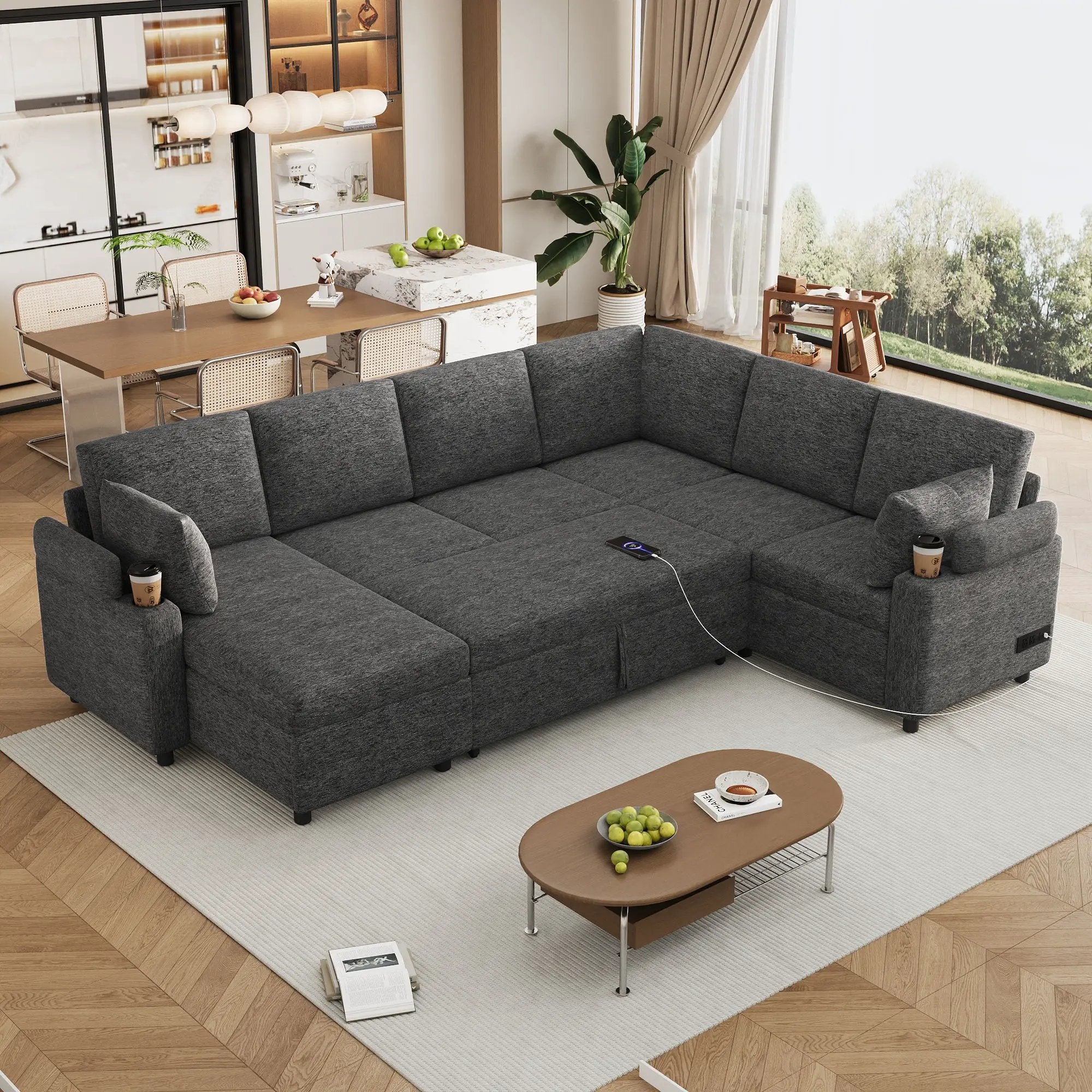 U-Shaped Sectional Sleeper Sofa With Ample Storage Space, 2 Cup Holders And Charging Ports For Living Room by HouseOfZazla
