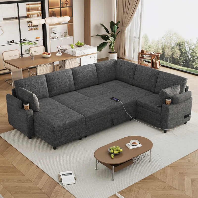 U-Shaped Sectional Sleeper Sofa With Ample Storage Space, 2 Cup Holders And Charging Ports For Living Room by HouseOfZazla