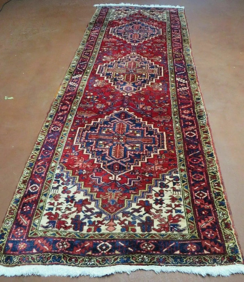 Persian Runner Rug, Heriz Runner Rug, Geometric Medallions, Red Cream Navy Blue Wool Hallway Rug 3.9 x 10.8 Antique Oriental Runner Handmade by Jewel Rugs