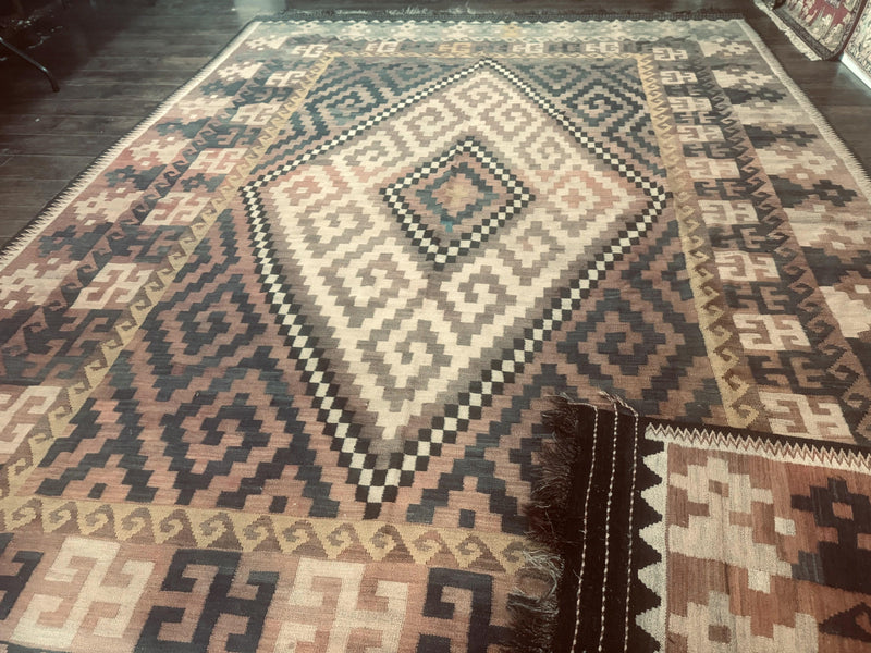 Antique Persian Tribal Kilim Rug 9x12, Zig Zag Pattern Kilim, Zarand Rug, Wool, Earth Tone Colors by Jewel Rugs