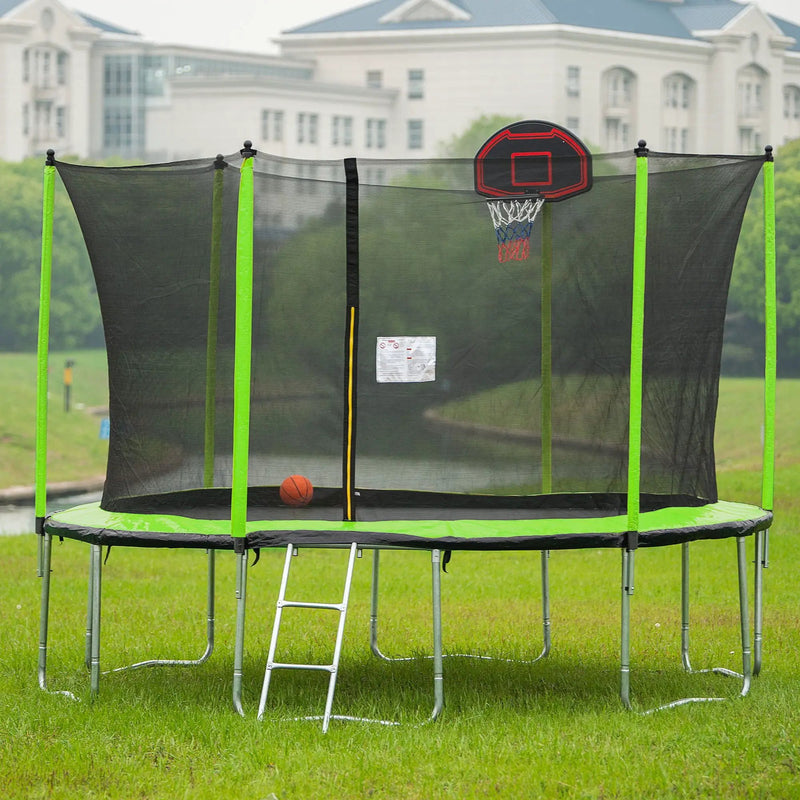 14Ft Trampoline With Basketball Hoop Inflator And Ladder (Inner Safety Enclosure) - Green by HouseOfZazla
