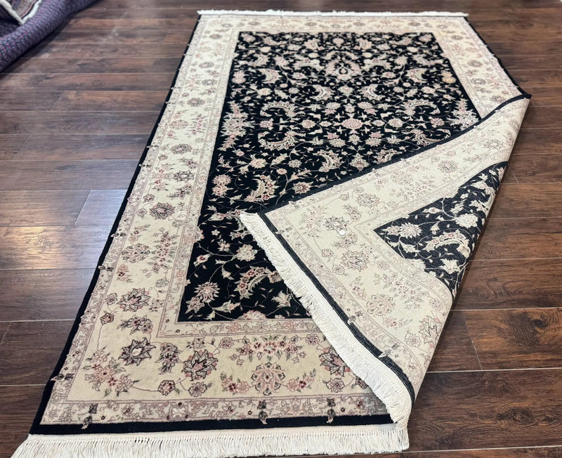 Sino Persian Rug 6x9, Black and Ivory, Wool and Silk Highlights, Handmade by Jewel Rugs